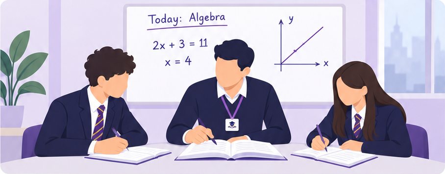 Illustration of a tutor wearing a Strand Tutors lanyard, helping two students with GCSE Maths. The whiteboard says “Today: Algebra”.